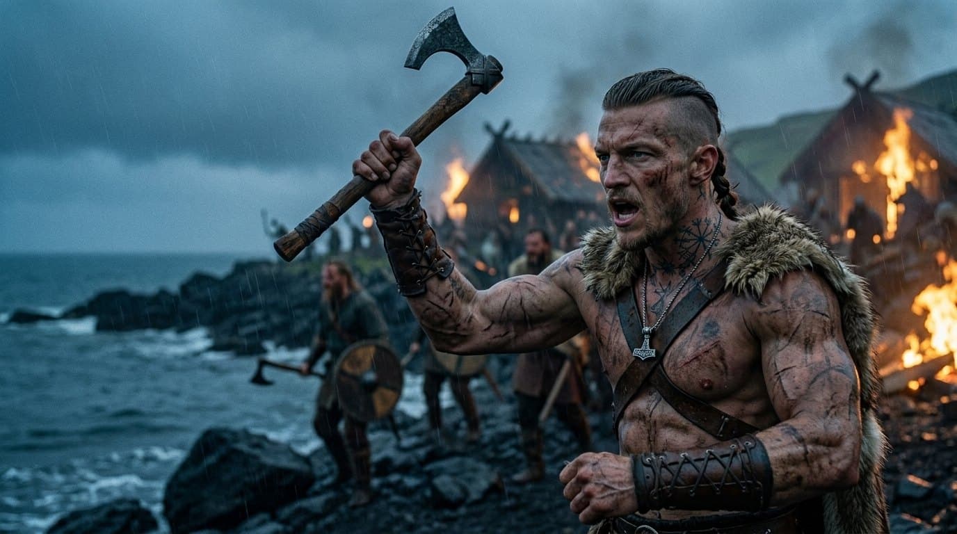 Reign, the male lead of VARGA — dark undercut, fur at the collar, a vegvisir compass tattooed on the side of his neck and Thor's hammer at his chest, old scars through the brow and cheek.