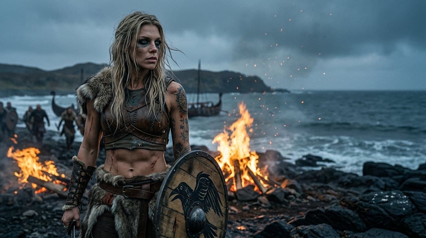 Stori, the female lead of VARGA — a blonde shieldmaiden with black streaks through her hair and green eyes, both arms sleeved in runic compass and botanical tattoos, dressed for a raid.