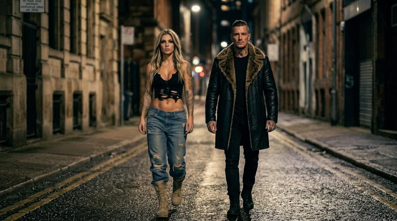 Stori and Reign of VARGA in a city alley at night, in contemporary dress