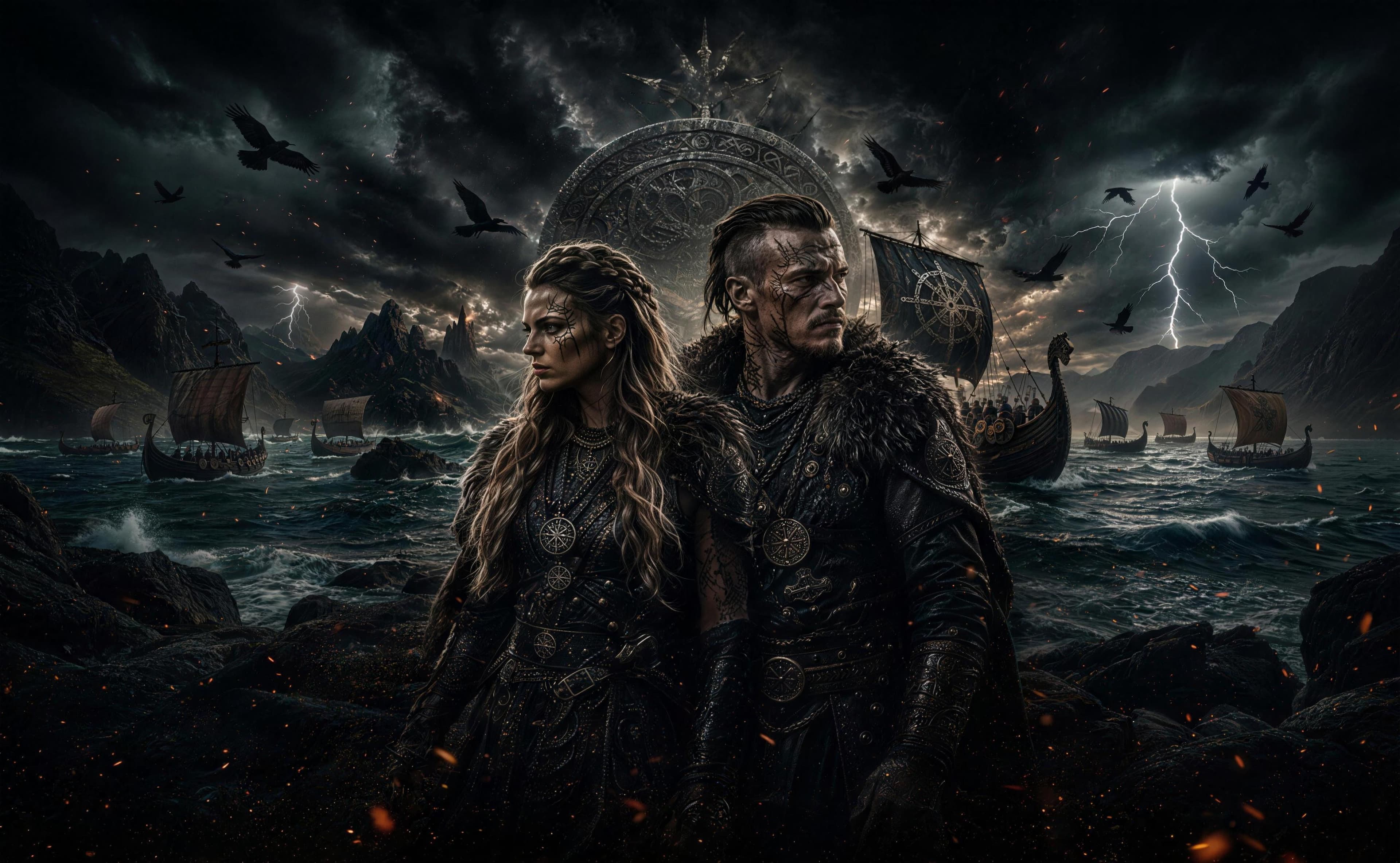 Stori and Reign of VARGA on a rocky shore at night, longships and a lightning storm behind them